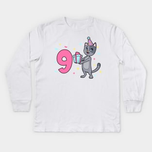 I am 9 with cat - girl birthday 9 years old Kids Long Sleeve T-Shirt